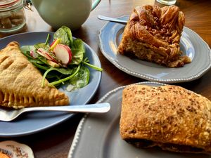 Haggis turnover, sourdough chocolate croissant, and maple pecan bun at Black Rabbit in Edinburgh