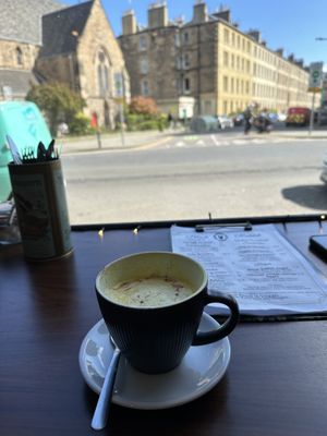 Turmeric latte and lovely view  at Black Rabbit in Edinburgh