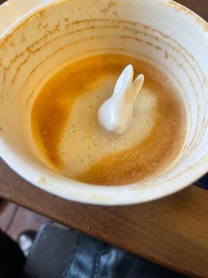 Latte with rabbit in cup  at Black Rabbit in Edinburgh