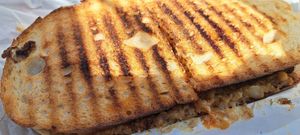 Cheese and haggis toastie on sourdough (huge 😍) at Black Rabbit in Edinburgh