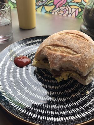 Couldn’t wait to eat it before I took a photo - egg and bakon roll. Lovely bread  at Black Rabbit in Edinburgh