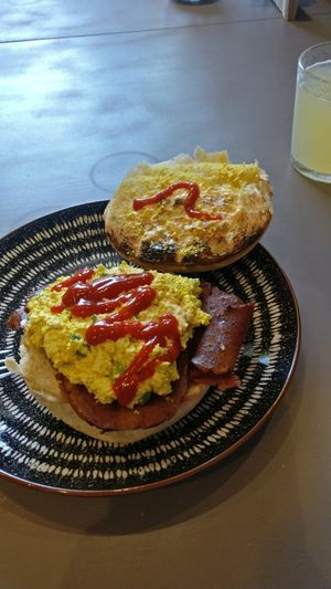 Tofu mayo (like egg mayo) and bakon roll with paprika mayo and sriracha. at Black Rabbit in Edinburgh