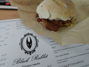 Bacon and egg roll.  at Black Rabbit in Edinburgh