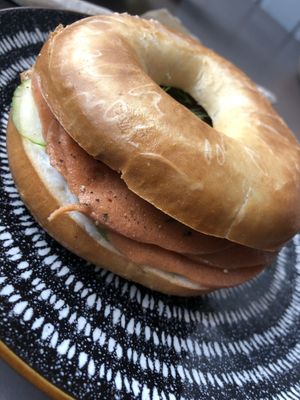 Salmon and cream cheese bagel at Black Rabbit in Edinburgh