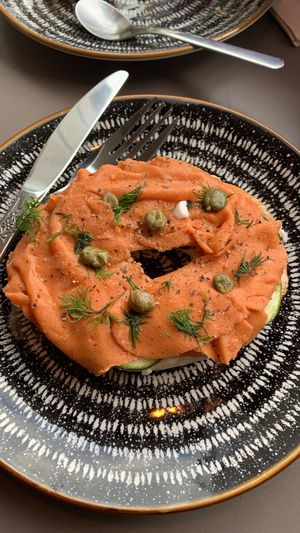 Salmon and cream cheese bagel 😍 at Black Rabbit in Edinburgh