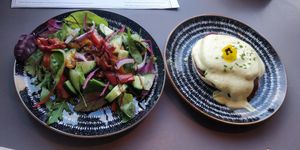 Tofu Benedict with salad at Black Rabbit in Edinburgh