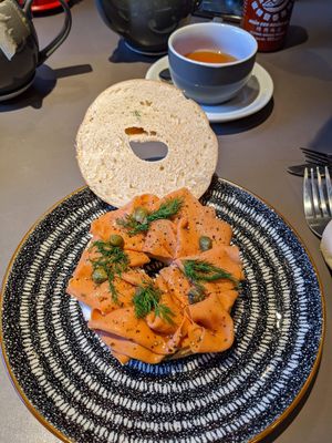 Smoked salmon bagel:) at Black Rabbit in Edinburgh