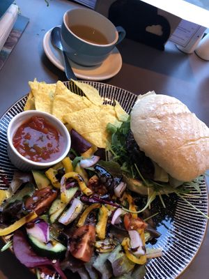 Shroom Burger and Peppermint Tea 👌🏻 at Black Rabbit in Edinburgh