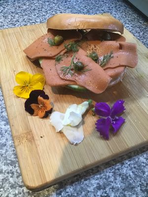 Salmon and cream cheese bagel  at Black Rabbit in Edinburgh