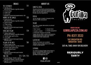 Gorilla Pizza Menu 2023 (front) at Gorilla Pizza in South Brighton