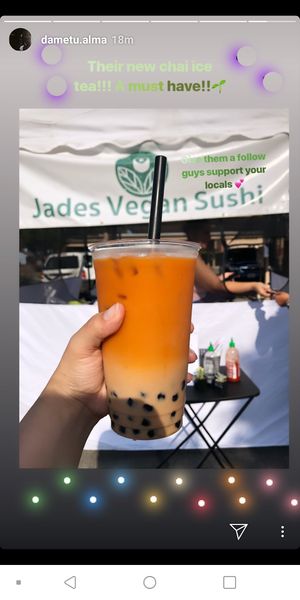 Vegan thai tea with boba at Jades Vegan Sushi in Loma Linda