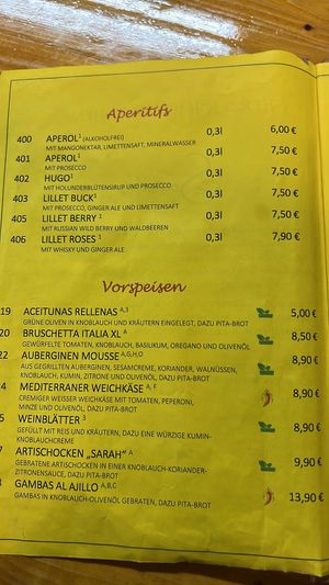 2023 menu with updated prices  at Sarah's Mediterranean Secret in Heringsdorf