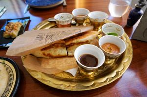 Savory part of the seasonal set: stuffed indian bread + sauces at Ronin in Angers