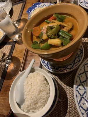Veggie red curry & fragrant rice (vegan & GF)  at Thai Cottage in Berkhamsted