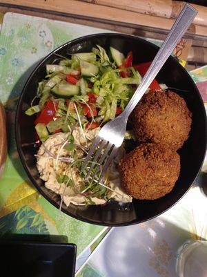 Falafel with hummus and salad at Dobrá Cajovna in Kutna Hora