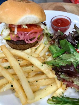 Gluten Free & Vegetarian Beyond Burger with Vegan Sauce. (GF Bun has eggs in it.) at Vin'tij in Miramar Beach