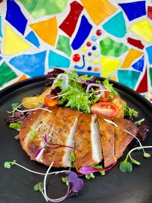 Meati Vegan & GF Chicken Cutlet with Roasted Fingerling Potatoes & a Mixed Green Salad. This was on a special "salad of the day." at Vin'tij in Miramar Beach