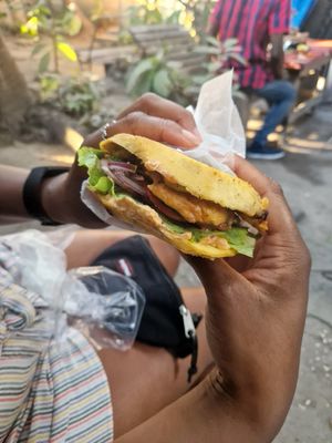Delicious breadfruit burger at Ibo Spice in Kingston