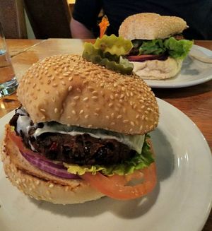 Pink Bicycle Black Bean Burger veganized - sub vegan mayo and cheese (a la carte, about $13 each) at The Pink Bicycle in Victoria