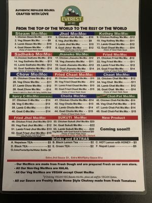 Menu prices  at Everest Mo:Mo in Parramatta