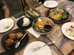 Lemongrass chilli tofu, cold noodle bowl, veg tofu sizzle plate (left to right)  at d'Viet House Korean BBQ Grill in Airlie Beach