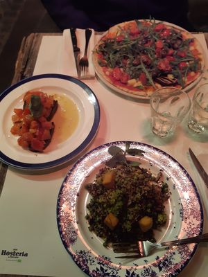 Bruschette, quinoa & stir fry vegetables, vegan pizza at Hosteria del Mercato in Rome