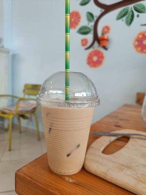 Vegan iced latte to go at Pat's Deli Farm in Sarande