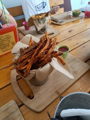Sweet potato fries with ketchup at Pat's Deli Farm in Sarande
