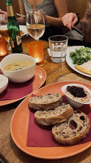 Tofu foie gras (excellent) and lentil soup   at Maitrea in Prague