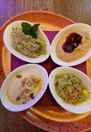 starters: different dips at Maitrea in Prague