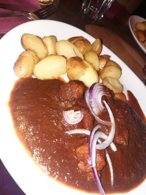 vegan goulash with potatoes (dumplings are w. milk) at Maitrea in Prague