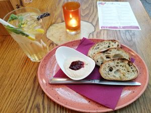 Lavender lemonade and tofui gras at Maitrea in Prague