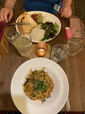 Quesadillas (top: veggie not vegan), peanut&ginger udon (bottom)  at Maitrea in Prague