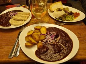 I had the vegan gulasch (with potatoes) - unfortunately the dumplings aren't vegan at Maitrea in Prague