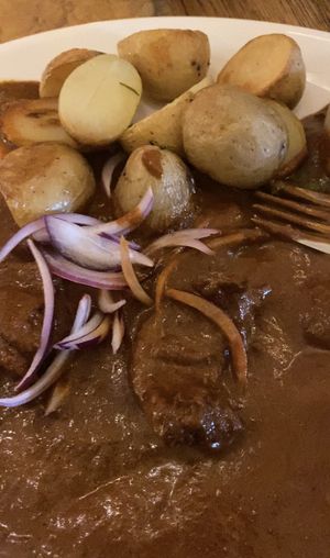 Goulash with potatoes (the dumplings advertised and charged are not vegan)  at Maitrea in Prague