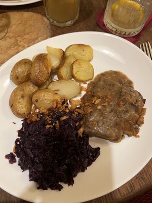 Vegan duck with red cabbage and potatoes (vegan option since the potato dumplings are not vegan)  at Maitrea in Prague