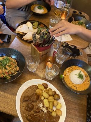 Udon with tempeh, curry, quesadilla (vegetarian)  at Maitrea in Prague