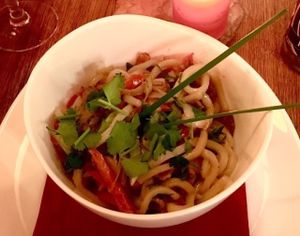 Udon noodle dish at Maitrea in Prague