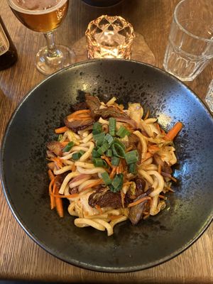 kimchi udon noodles with no-duck  at Maitrea in Prague