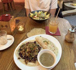 Potato pancake with mock duck, and avocado saladd  at Maitrea in Prague