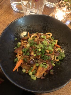 Kimchi udon noodles with mock duck   at Maitrea in Prague
