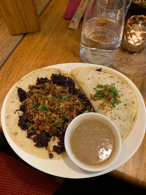Potato pancake with duck no-meat (295kč) at Maitrea in Prague