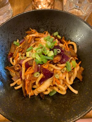 Kimchi udon noodles with grilled no-duck (365kč) at Maitrea in Prague