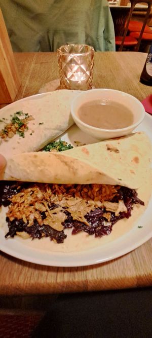 Inside of no duck potato pancakes at Maitrea in Prague