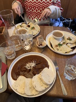Czech goulash (bottom) and no-duck potato pancakes (top, right)  at Maitrea in Prague