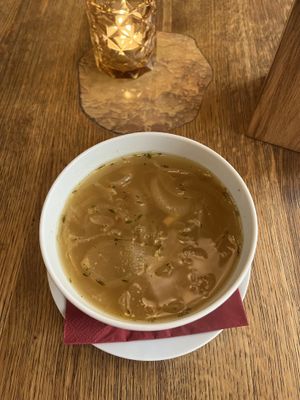 French onion soup with thyme   at Maitrea in Prague