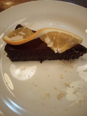 Raw chocolate cake at Maitrea in Prague