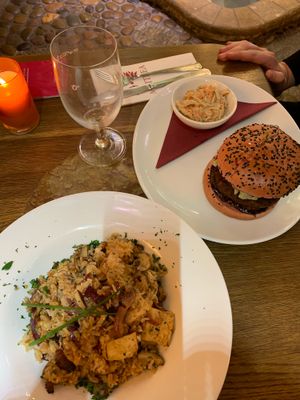 Paella and burger both made vegan at Maitrea in Prague