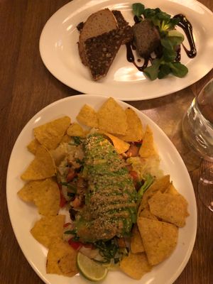 Avocado tofu salad and patè starters at Maitrea in Prague