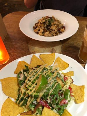 Paella made vegan & avocado salad. at Maitrea in Prague